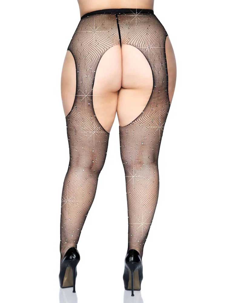 Casey Rhinestone Fishnet Suspender Pantyhose in Black Curvy Size