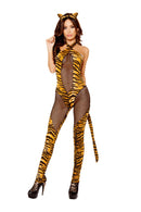 Tiger Print Fishnet Catsuit Set with Ears and Tail