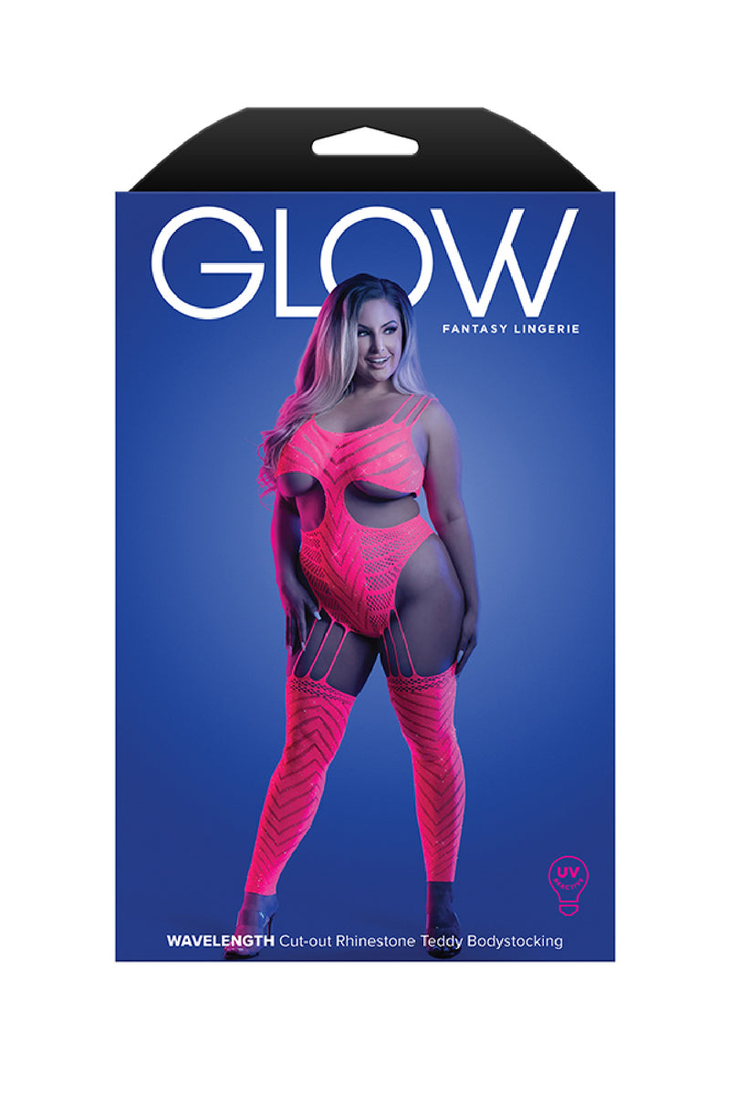 Wavelength Cutout Rhinestone Teddy Bodystocking in Neon Pink Curvy Size