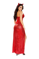 Red Sequin Devil Costume Set with Corset Gown and Horns