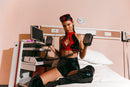 Vinyl Lace-Up Nurse Costume Set | Black & Red Cut-Out Top