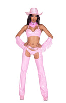 Pink Vinyl Cowgirl Six Piece Set with Chaps and Fringe Cuffs