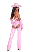 Pink Vinyl Cowgirl Six Piece Set with Chaps and Fringe Cuffs