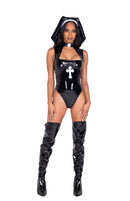 Sinful Nun Vinyl Bodysuit Set | Black Thong Cut Costume