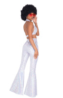 Silver Holographic Disco Crop Top and Bell Bottom Pants Set
