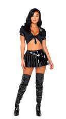 Black Vinyl Pleated Mini Skirt Tie Top Two Piece Set