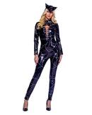 Black Vinyl Lace-Up Catwoman Catsuit with Cat Ear Headpiece