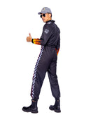 Black Race Car Jumpsuit with Flame and Checkered Detail