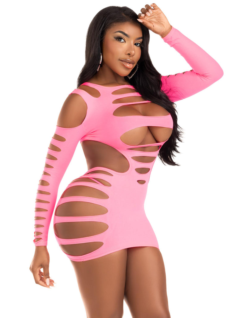 Opaque ShRedded Cut Out Mini Dress in Neon Pink