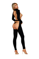 Black Open-Bust Long-Sleeve Bodystocking with Belt - view 2
