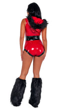 Red Vinyl Zip-Up Romper with Black Faux Fur Hood and Belt