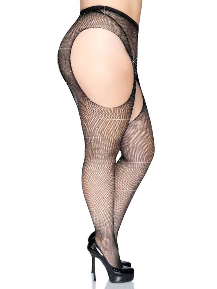 Casey Rhinestone Fishnet Suspender Pantyhose in Black Curvy Size