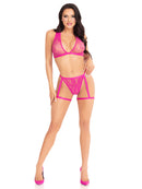 Deep-V Lace Bra and Panty Set With Attached Garters