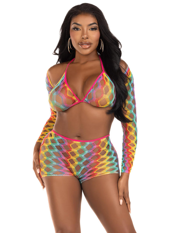 Three Piece Net Bra Top With Shrug and Boy Shorts in Multicolor