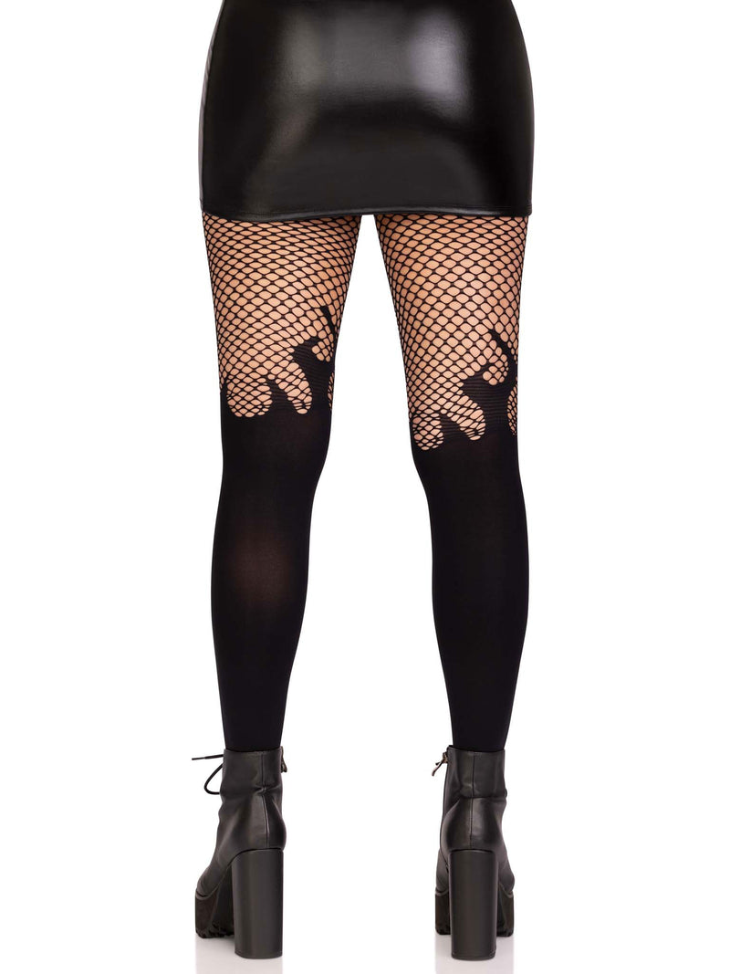 Opaque Flame Tights With Fishnet Top in Black