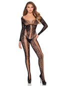 Black Net and Floral Lace Crotchless Bodystocking