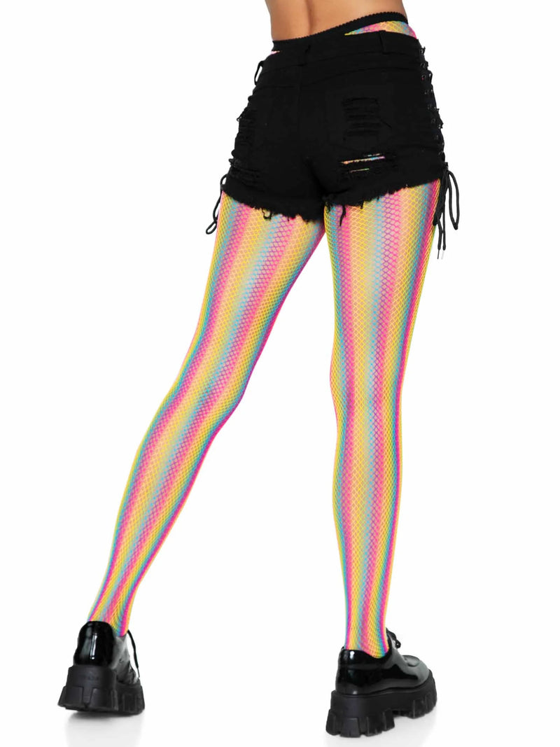 Neon Rainbow Striped Fishnet Tights in Multicolor