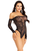 Off Shoulder Rhinestone Fishnet Lace Thong Bodysuit