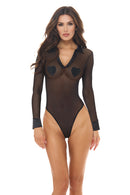 Black Sheer Mesh Collared Long-Sleeve Teddy