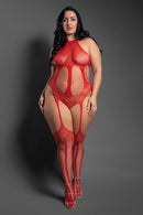 Red Striped Lace and Fishnet Halter Teddy Bodystocking