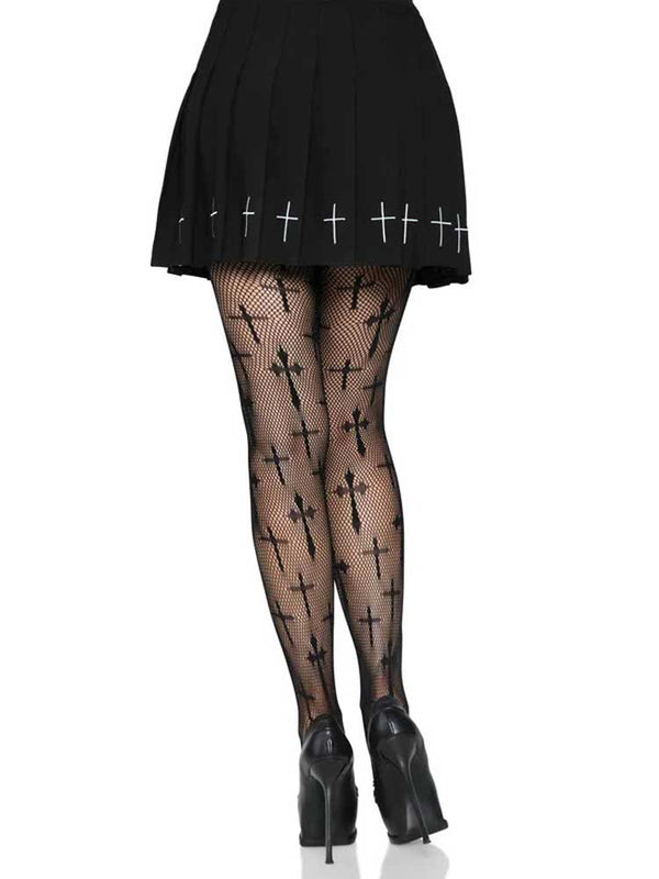 Worship Me Cross Net Tights in Black