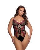 Curvy Size Rose Embroidered Plunge Teddy