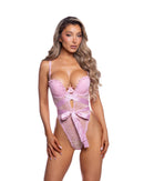 Pink Lace Teddy with Satin Waist Ties - view 4