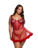 Curvy Size Heart Embroidered Babydoll Set