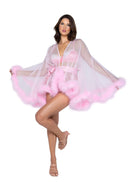Marabou-Trimmed Sheer Tulle Mini Robe