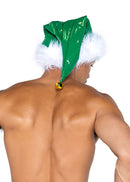 Shiny Green Elf Hat with Faux Fur Trim and Jingle Bell
