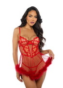 Heart Embroidered Marabou Babydoll Set