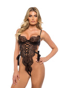 Criss-Cross Ribbon Eyelash Lace Crotchless Teddy