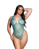 Teal Rhinestone Fishnet Plunge Teddy Curvy Size