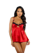 Lace Trim Satin Balconette Babydoll Set
