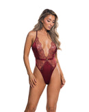 Metallic Beaded Lace Plunge Halter Teddy
