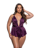 Purple Satin and Eyelash Lace Plunge Romper - view 2