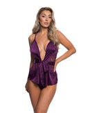 Purple Satin and Eyelash Lace Plunge Romper