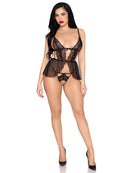 Scalloped Lace and Mesh Babydoll and Crotchless Panty Set - view 2