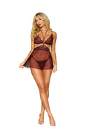 Burgundy Lace Bralette, Babydoll Skirt and G-String Set