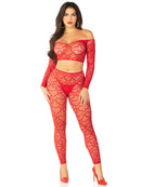Red Heart Net Crop Top and Footless Tights Set