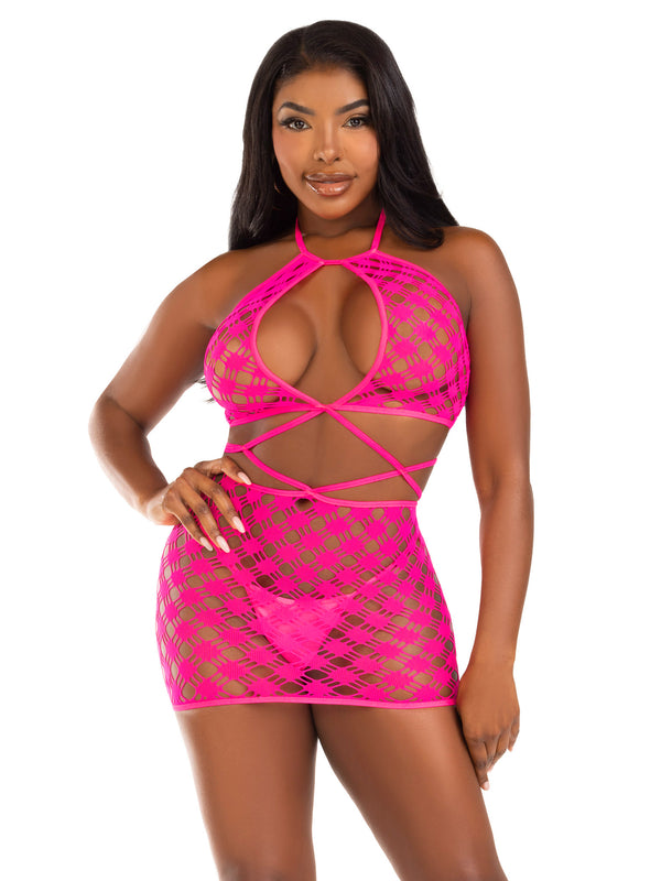 Keyhole Halter Hardcore Ney Mini Dress in Neon Pink