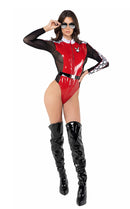 Playboy Racer Vinyl Thong Romper with Mesh Sleeves and Belt