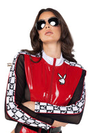 Playboy Racer Vinyl Thong Romper with Mesh Sleeves and Belt