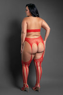 Red Striped Lace and Fishnet Halter Teddy Bodystocking - view 3