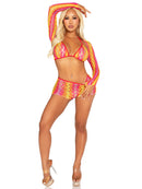 Multicolor Zigzag Net Three-Piece Bikini Set with Shrug