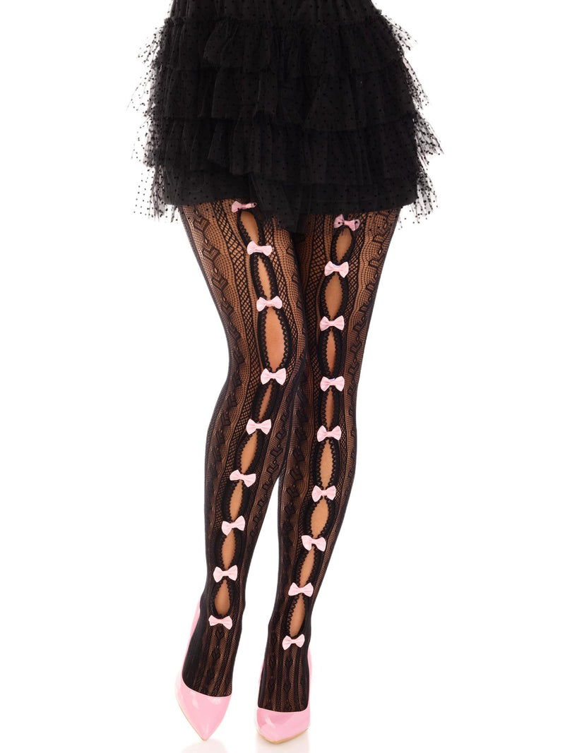 Sweetheart Striped Net Tights With Keyhole and Mini Bow Detail in Black