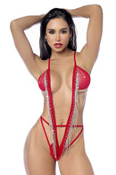 Red Rhinestone Fringe Plunging Bodysuit