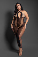 Striped Fishnet Halter Footless Open-Crotch Bodystocking