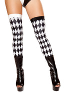Harlequin Thigh High Stockings Black White Diamond Print