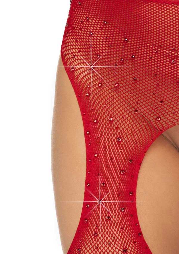 Casey Rhinestone Fishnet Suspender Pantyhose in Red